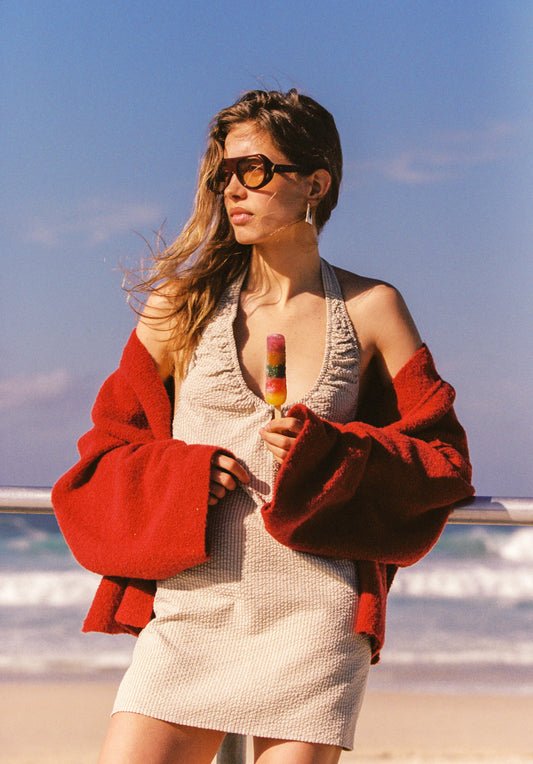 SIDNEY HALTER MINI DRESS - CARAMEL STRIPE