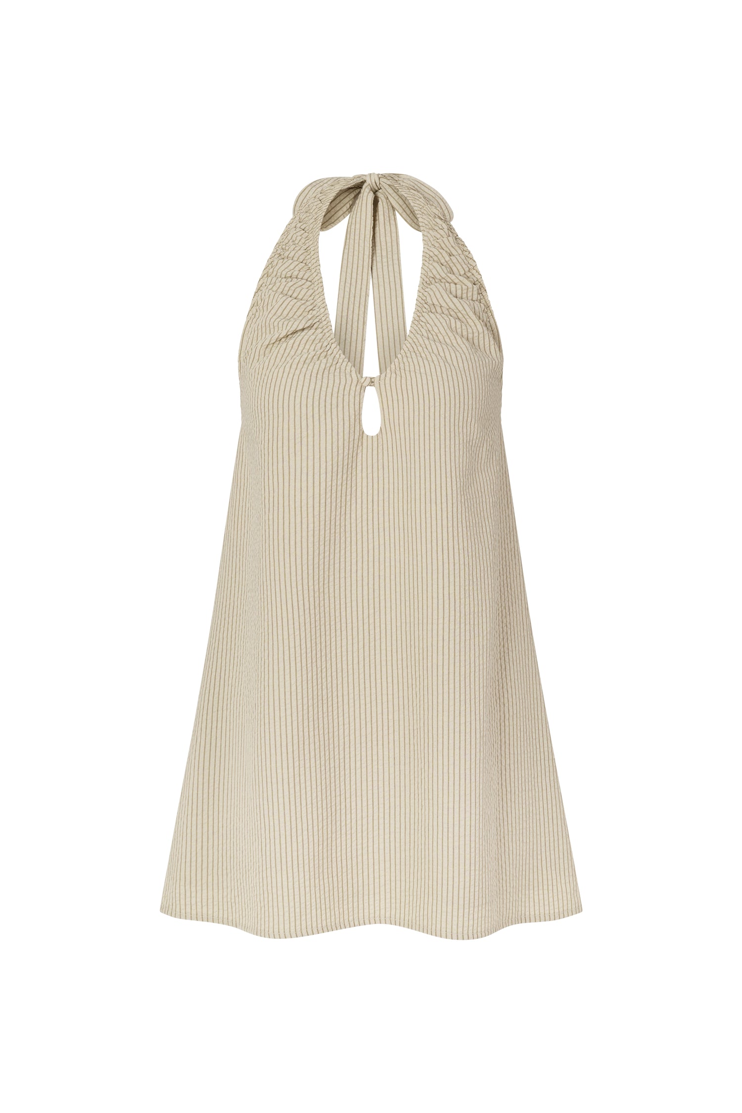 wrap halter neck mini dress in caramel Almara Wrap Halter Dress | Brown Espresso Stripe